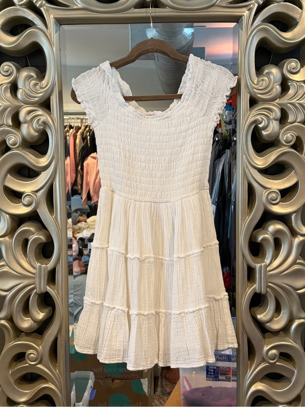 Like New American Eagle White Smocked Tiered Off/On the Shoulder Dress XS